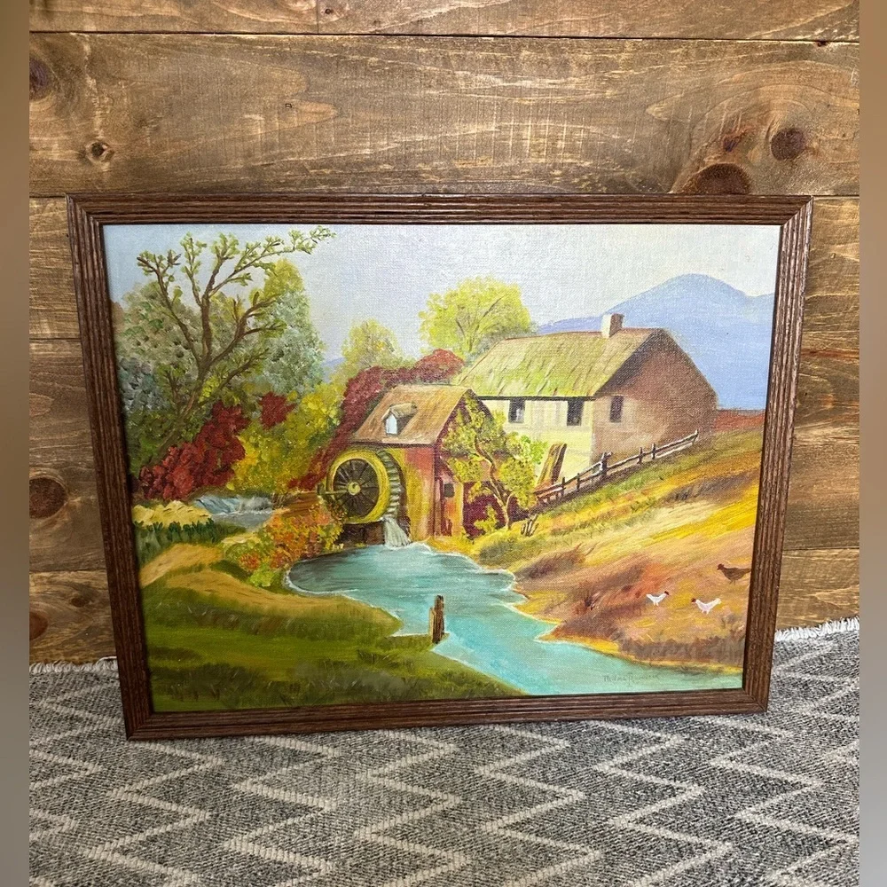 Vintage Rustic Land Scape Water Mill Original Painting Signed original frame